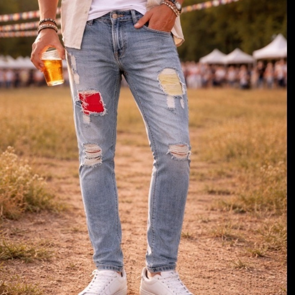 Reverb Mens Distressed Acid Wash Slim Moto Jeans with Red Yellow Ribbed Patches